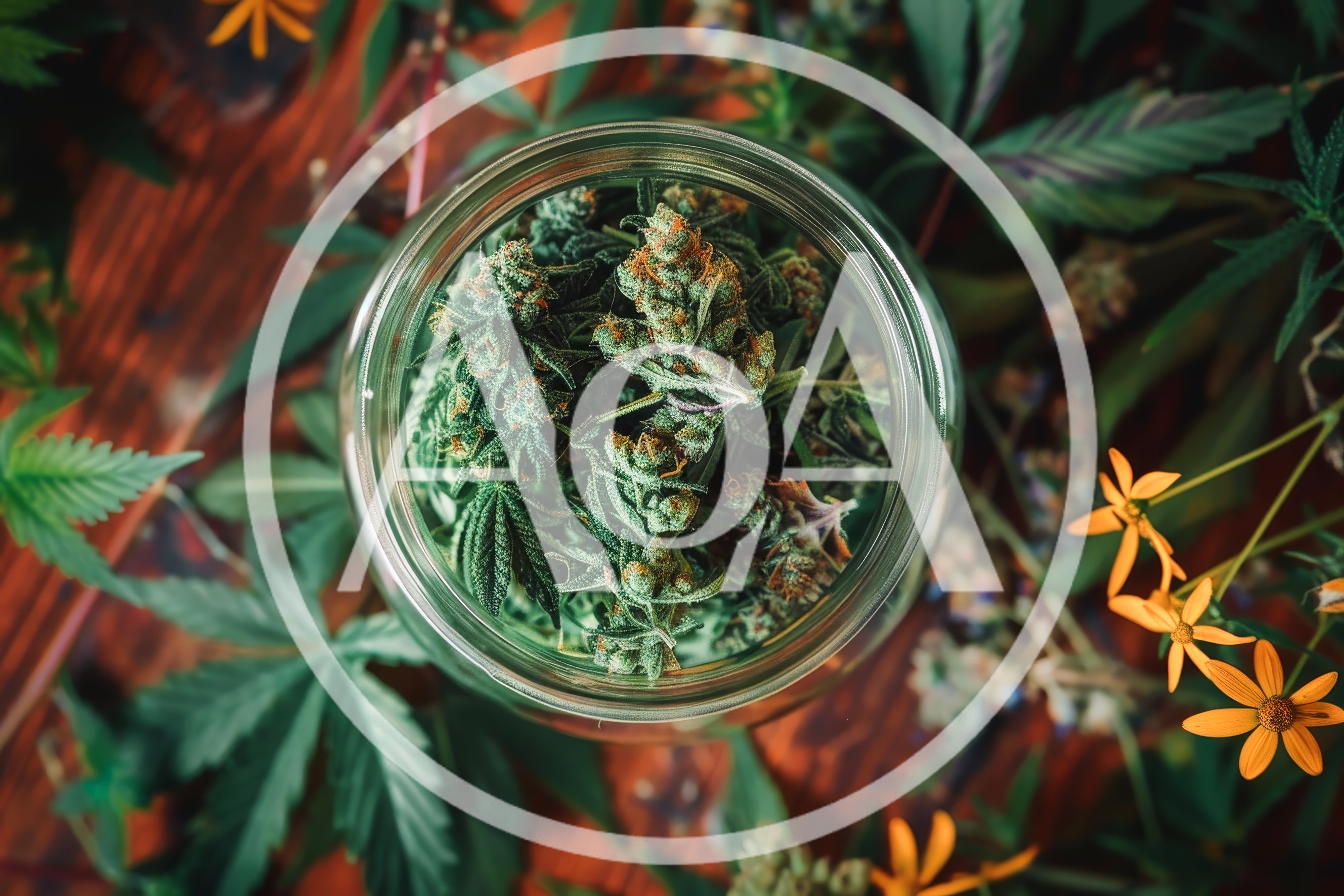 Cannabis Buds In A Glass Jar On Wooden Table