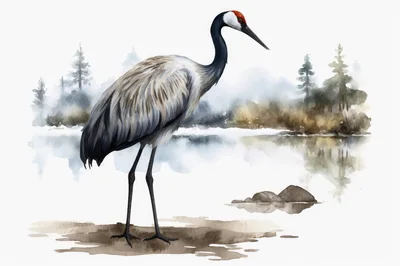 Watercolor Illustration Of A Common Crane