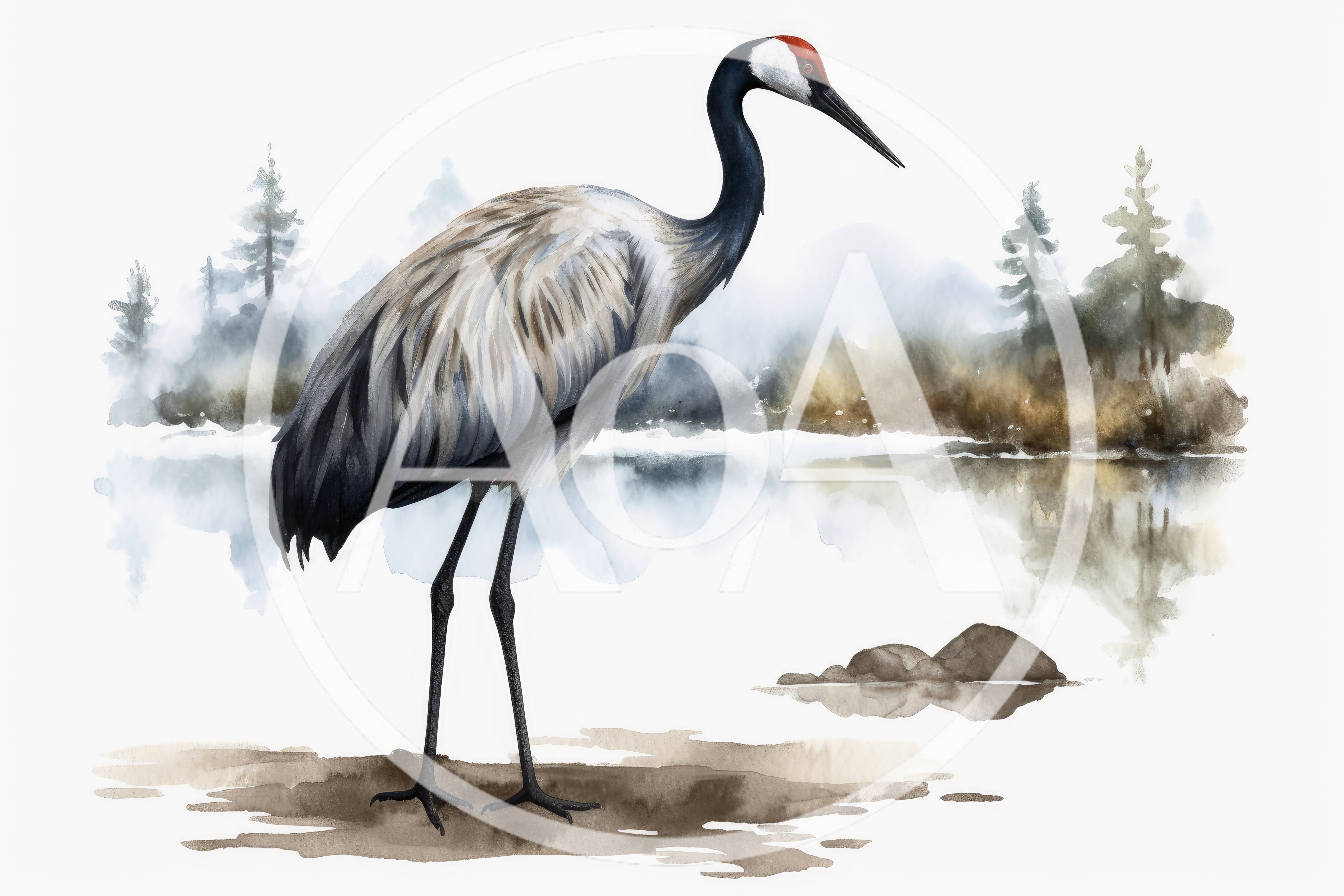 Watercolor Illustration Of A Common Crane