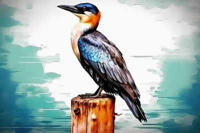 Watercolor Illustration Of A Colorful Bird On A Post