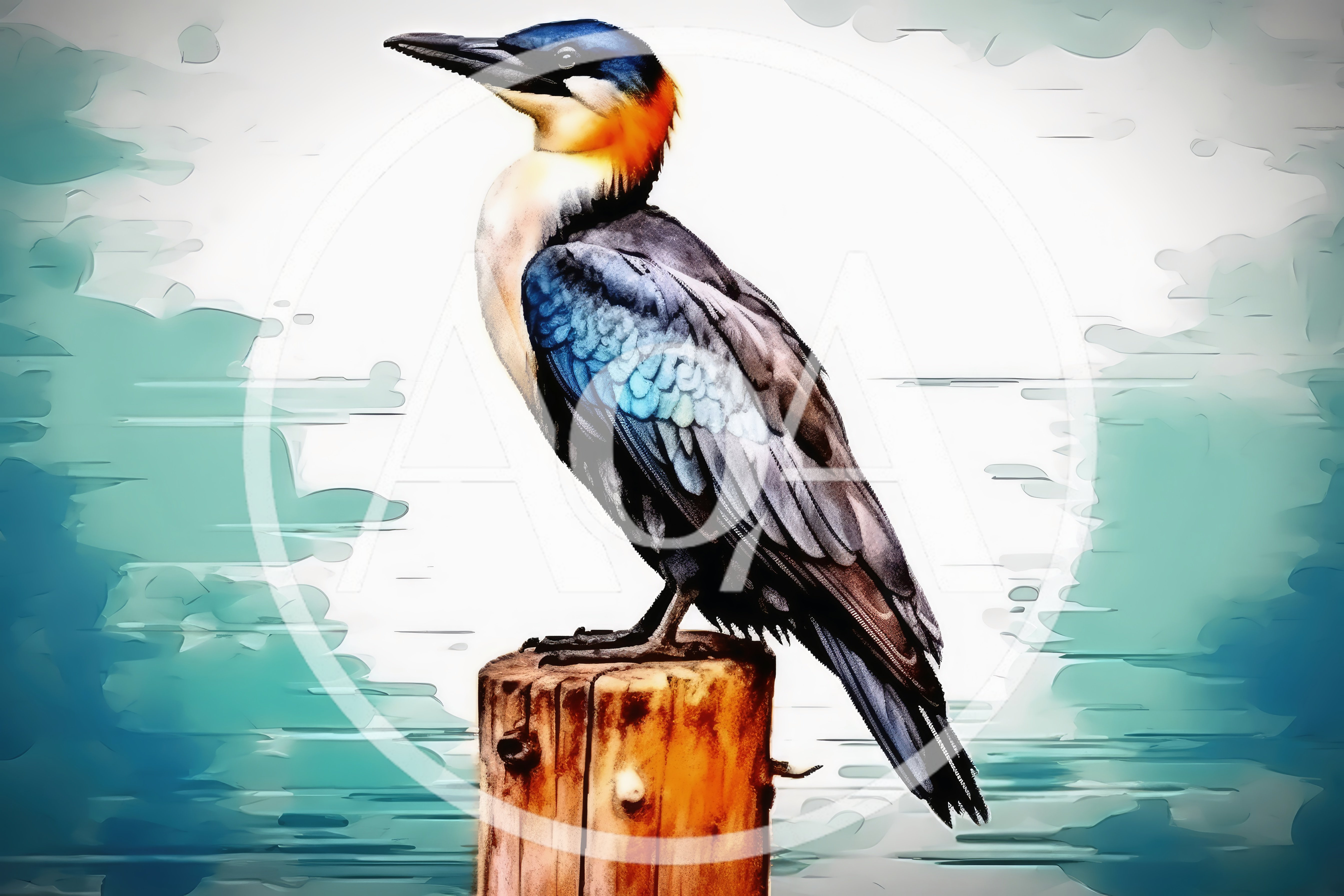Watercolor Illustration Of A Colorful Bird On A Post