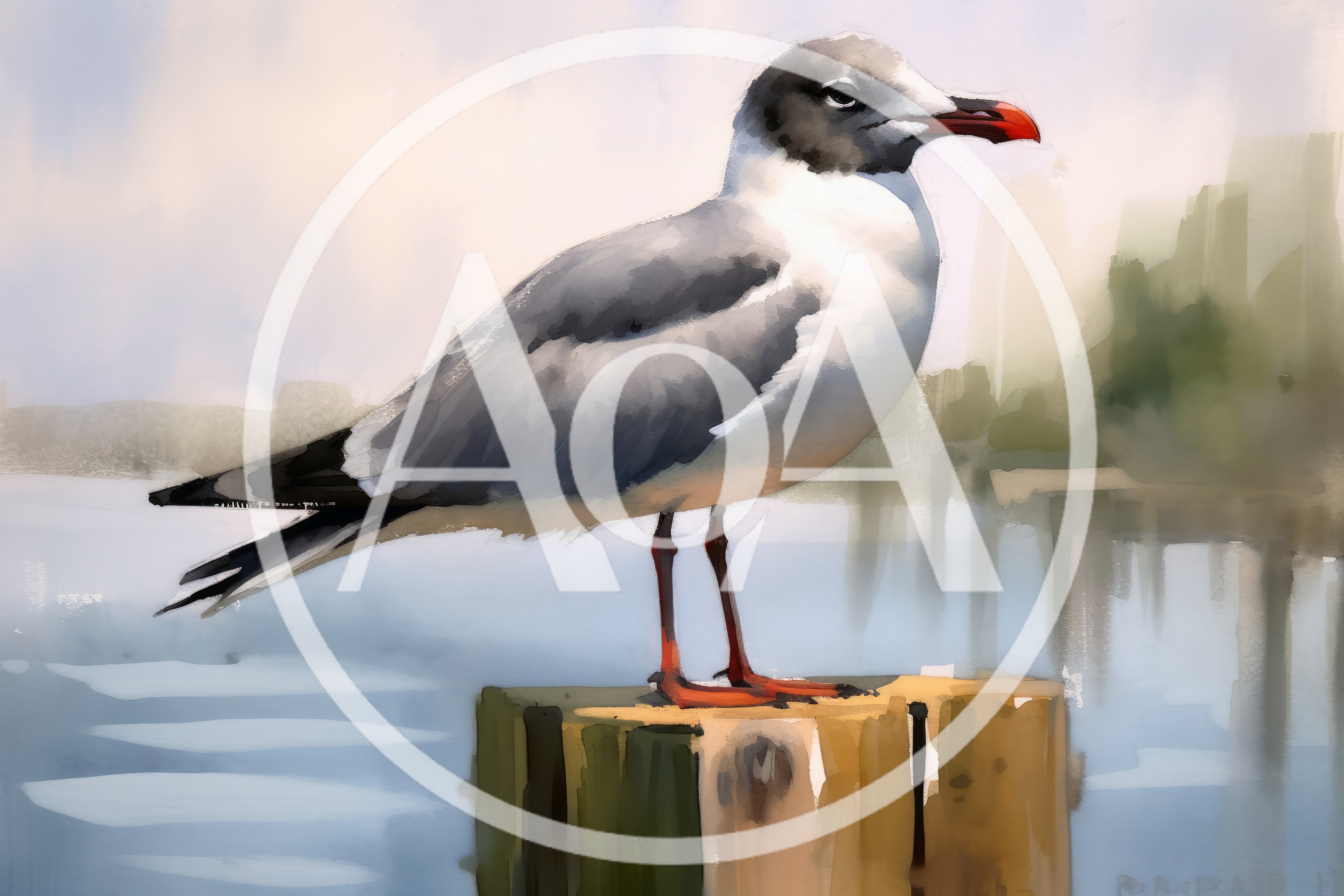 Watercolor Painting Of A Seagull Perched On A Piling