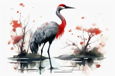 Watercolor Illustration Of A Red Crowned Crane