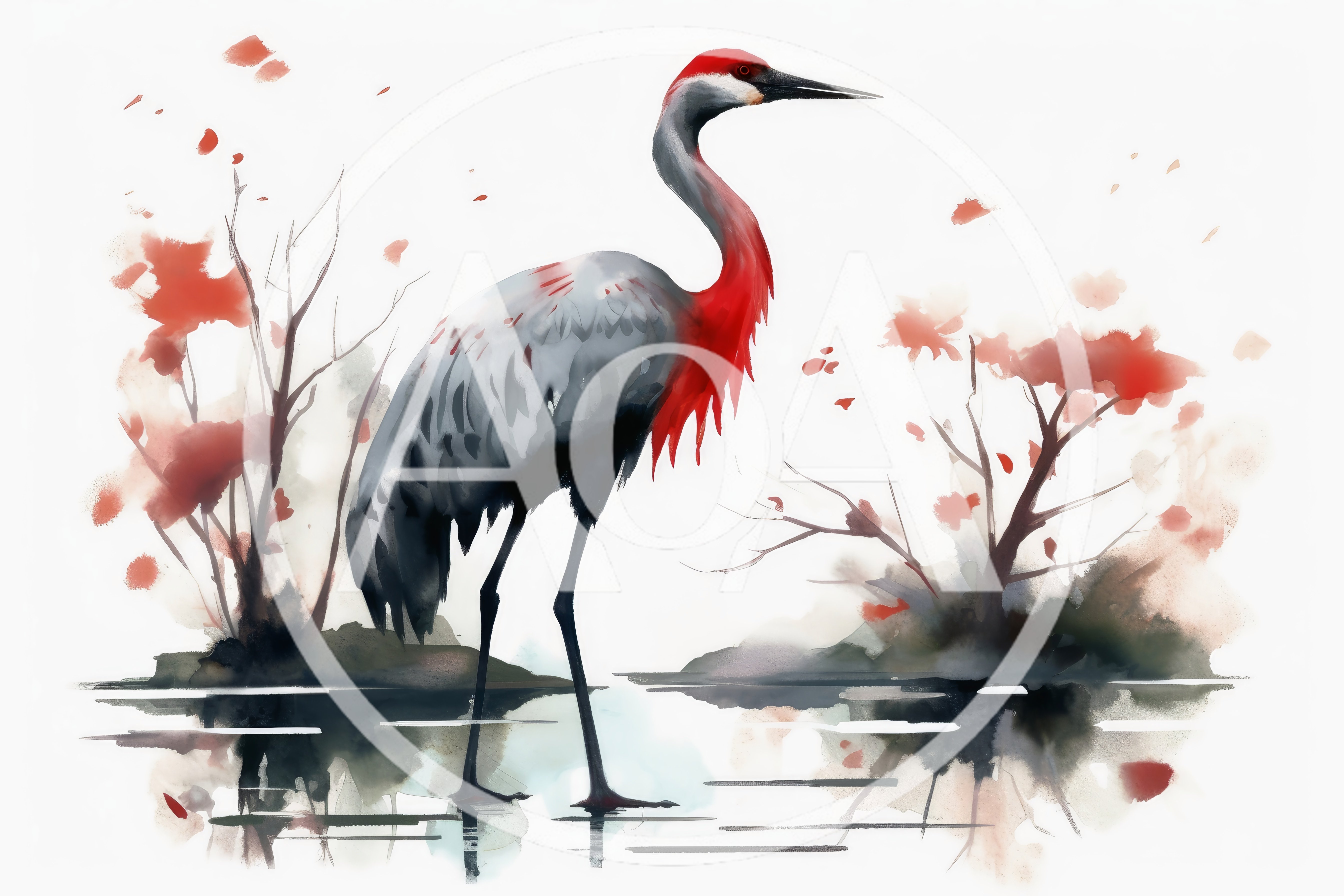Watercolor Illustration Of A Red Crowned Crane