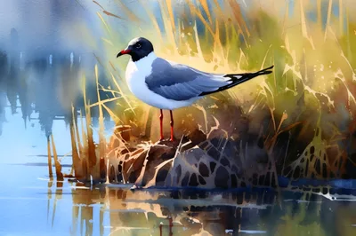 Watercolor Painting Of A Seagull In Marshland