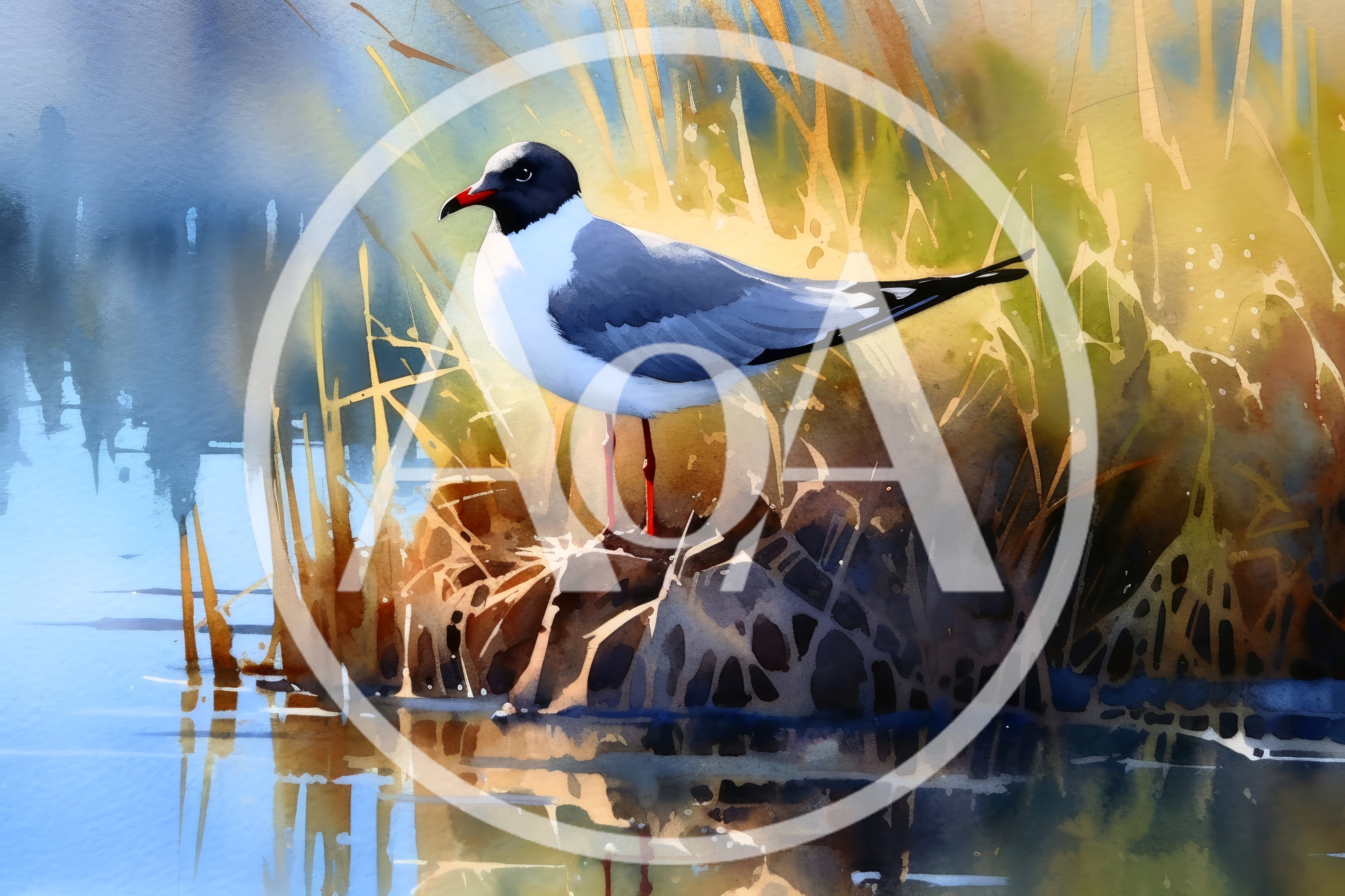 Watercolor Painting Of A Seagull In Marshland