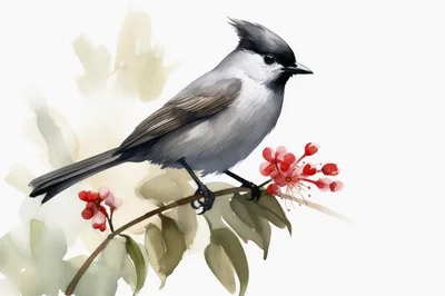 Watercolor Illustration Of A Tufted Titmouse On A Branch