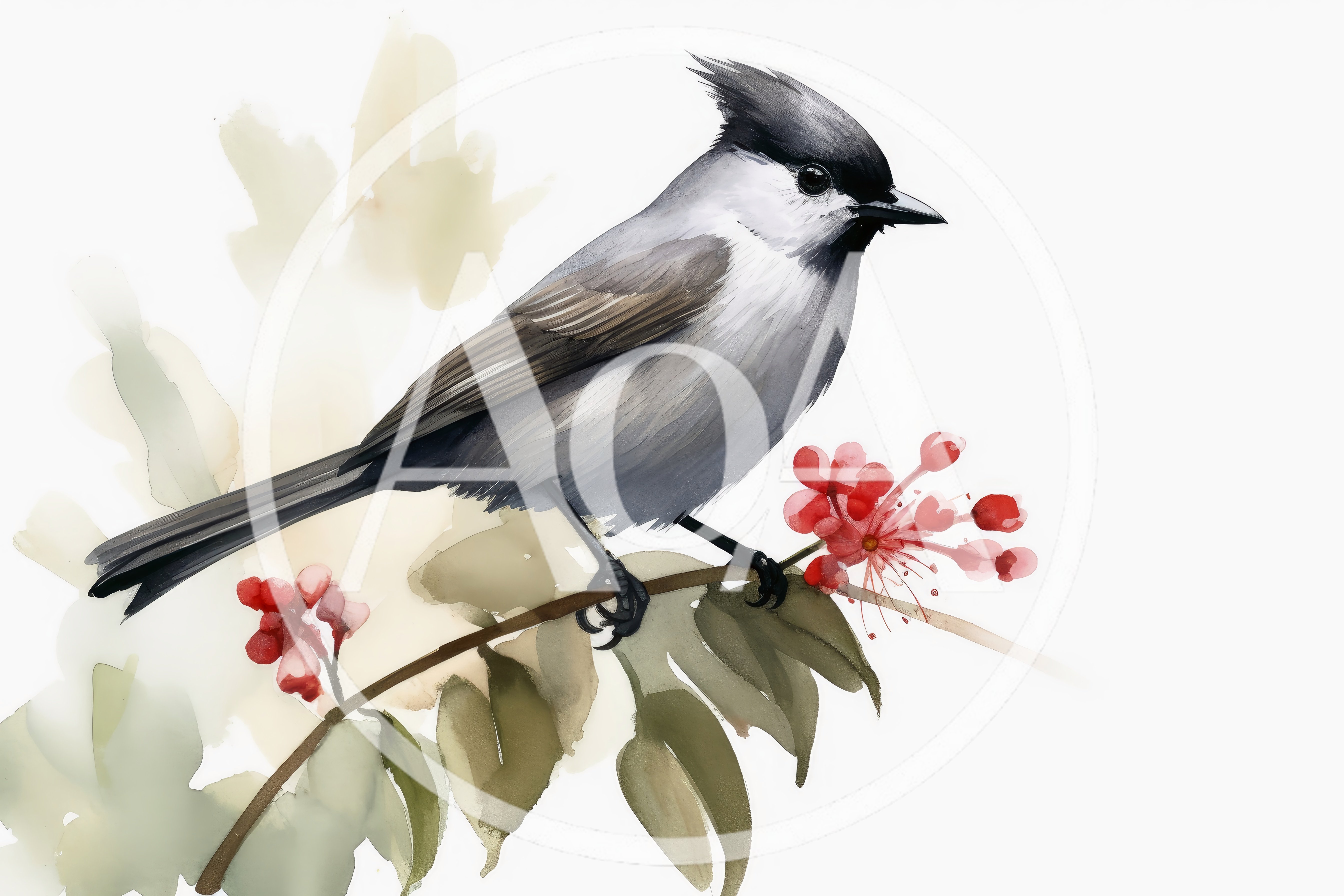 Watercolor Illustration Of A Tufted Titmouse On A Branch