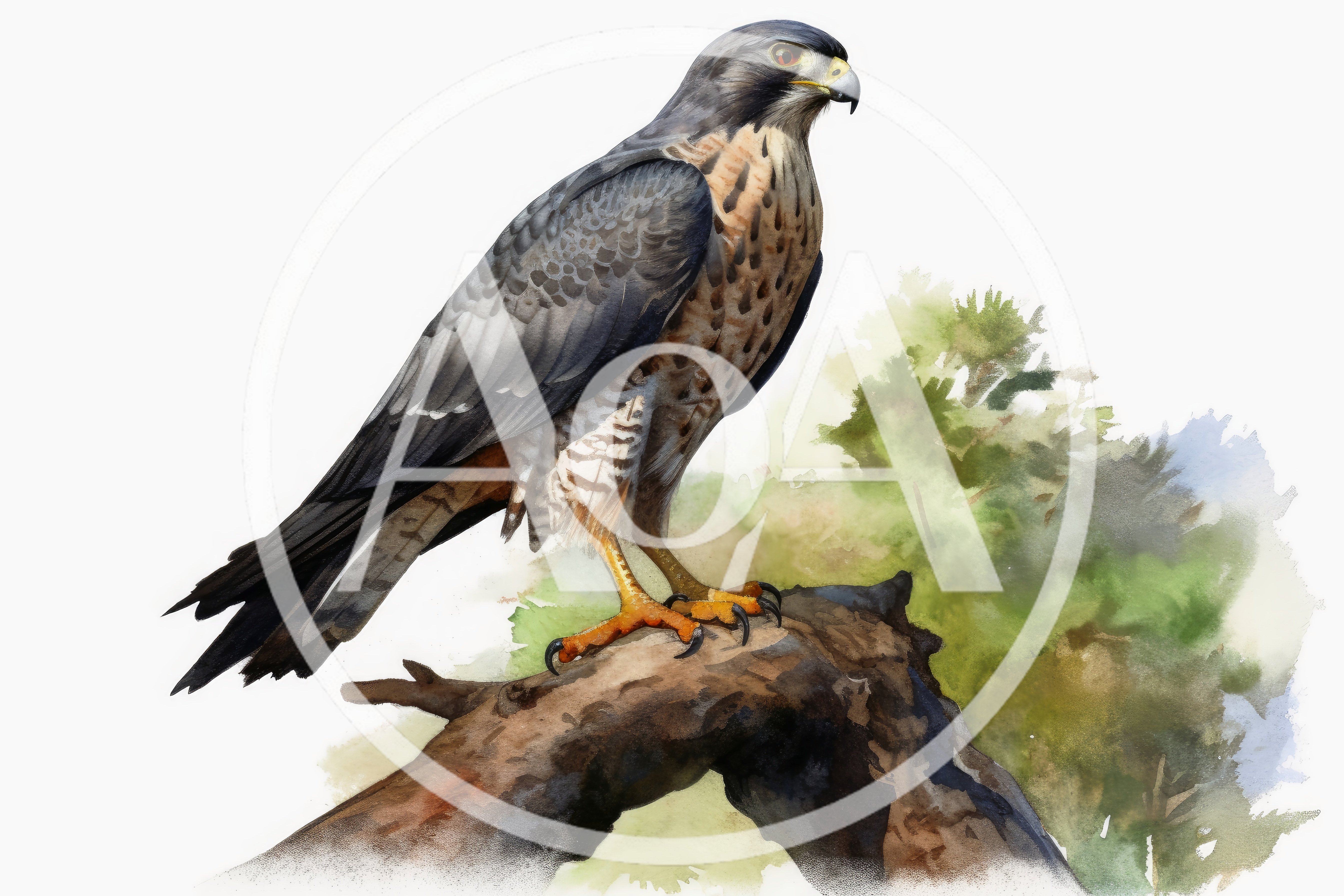 Watercolor Illustration Of A Perched Aplomado Falcon