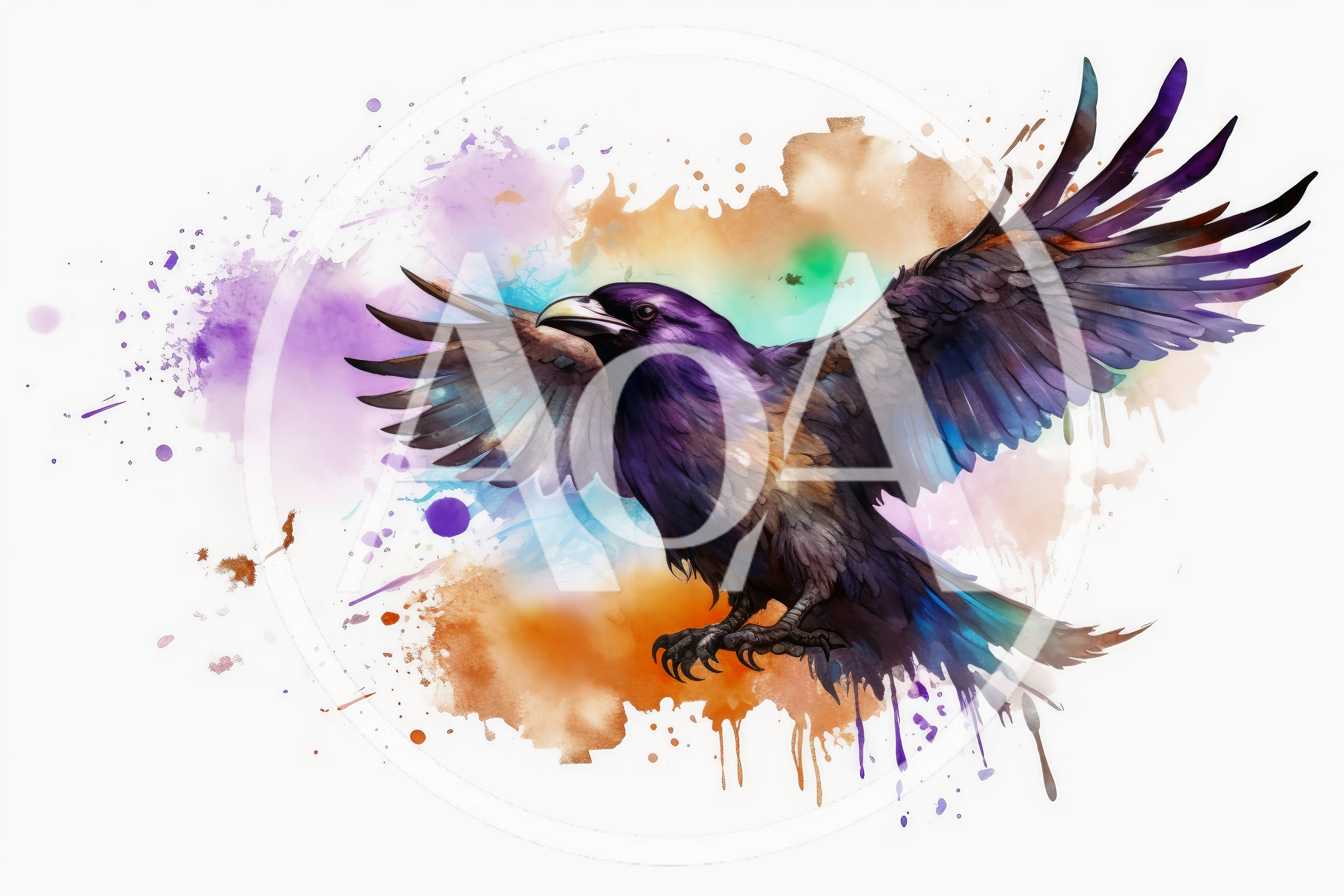 Watercolor Illustration Of A Flying Raven