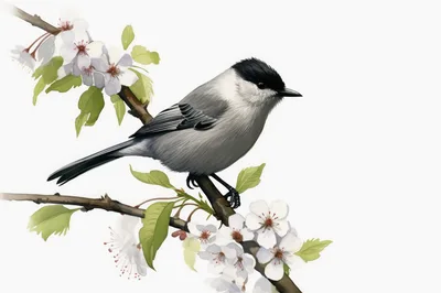Watercolor Illustration Of A Chickadee On A Flowering Branch