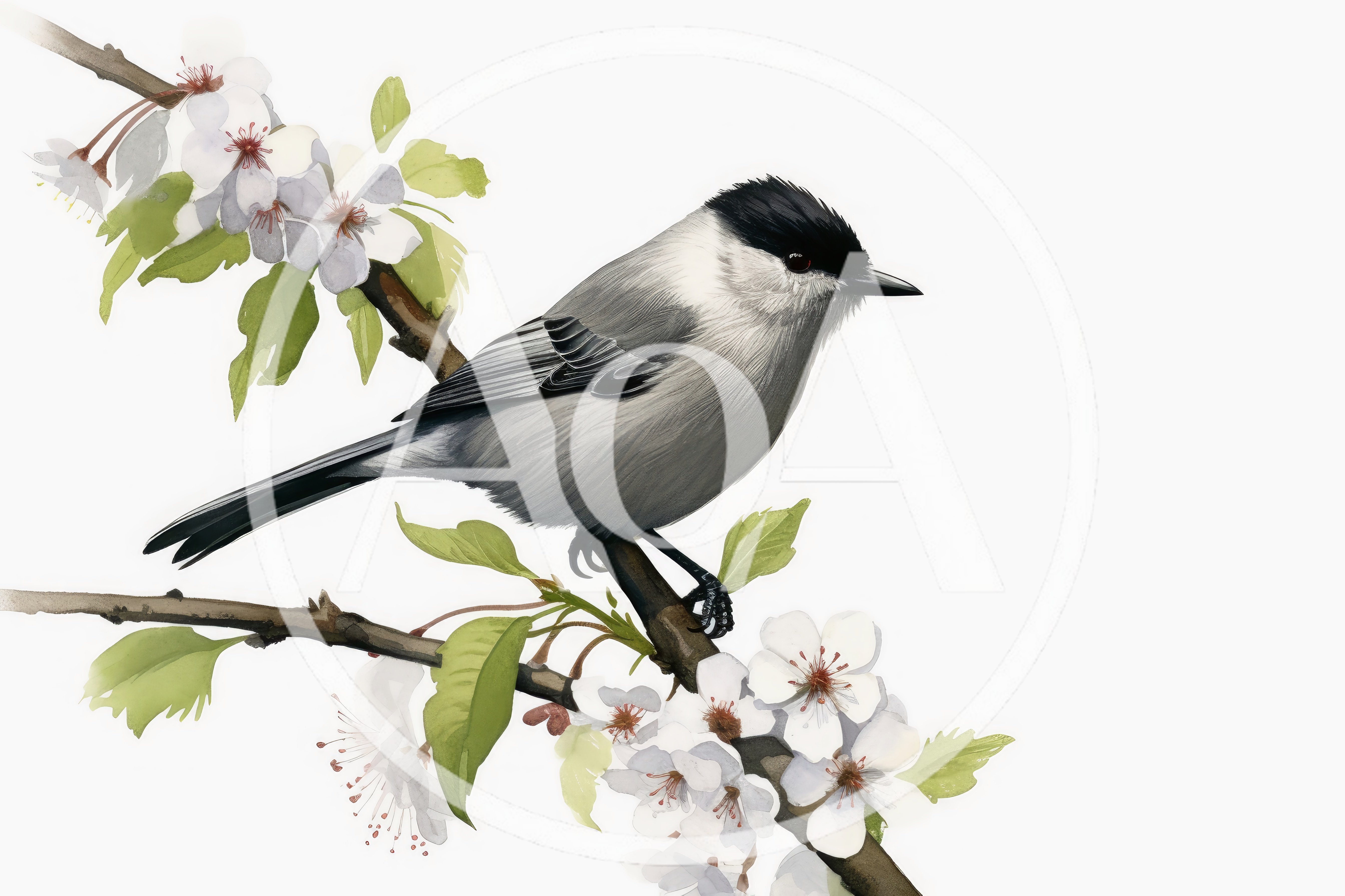 Watercolor Illustration Of A Chickadee On A Flowering Branch