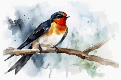Watercolor Illustration Of A Barn Swallow On A Branch
