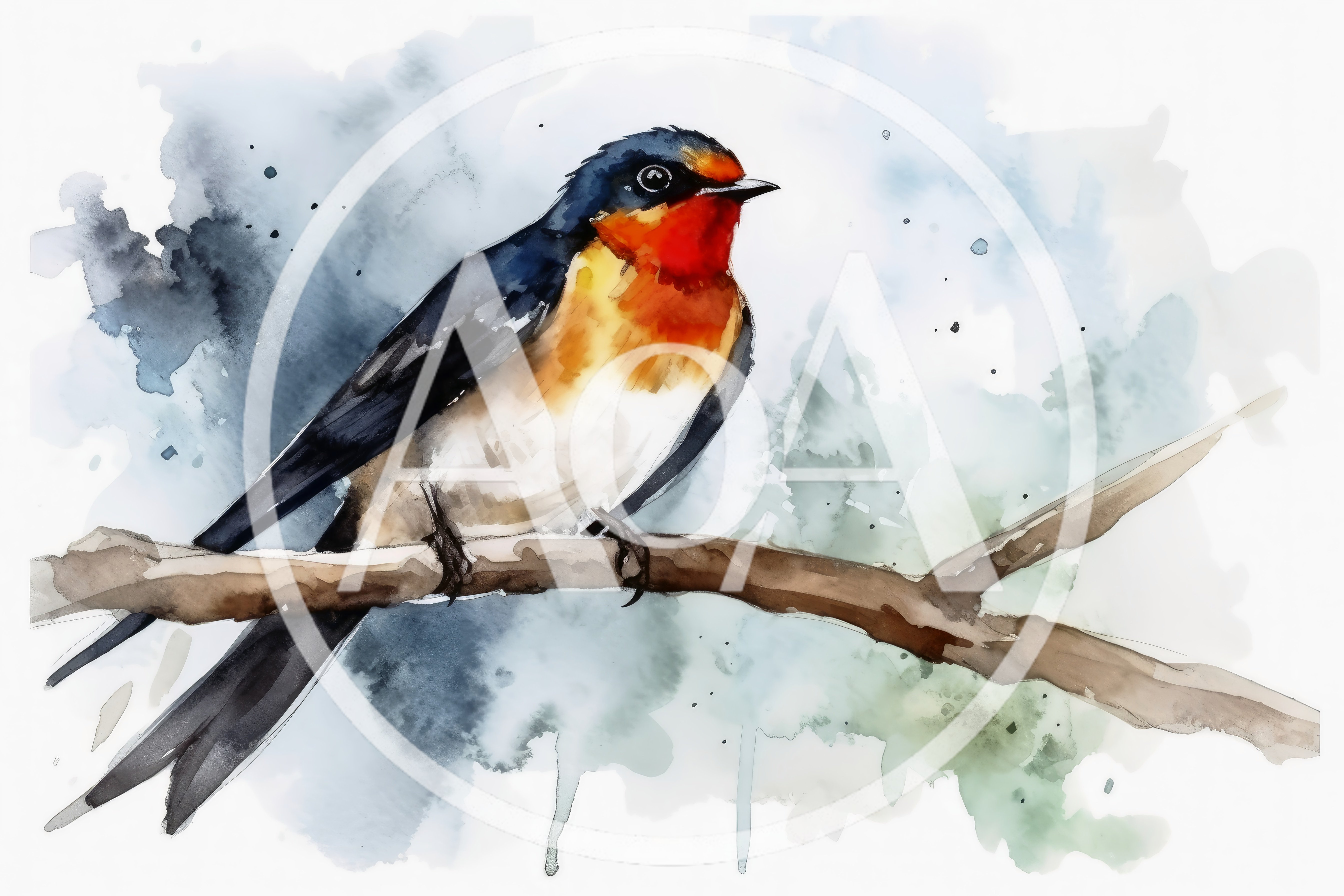 Watercolor Illustration Of A Barn Swallow On A Branch