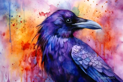 Watercolor Painting Of A Majestic Purple Raven