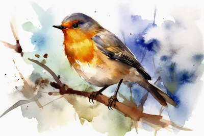Watercolor Painting Of A Robin Perched On A Branch