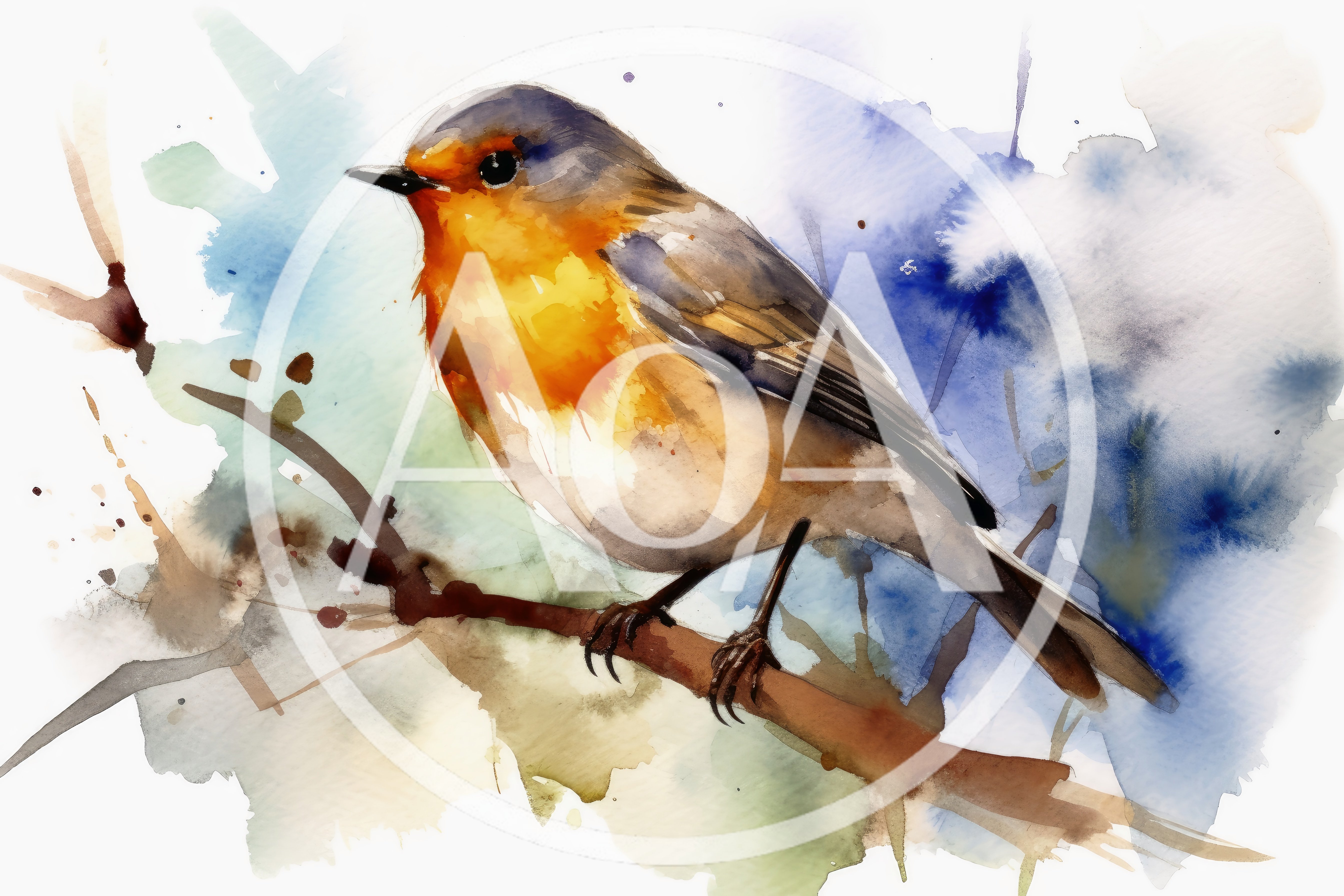 Watercolor Painting Of A Robin Perched On A Branch