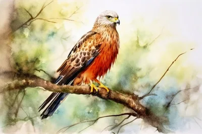 Watercolor Painting Of A Red Kite Perched On Branch