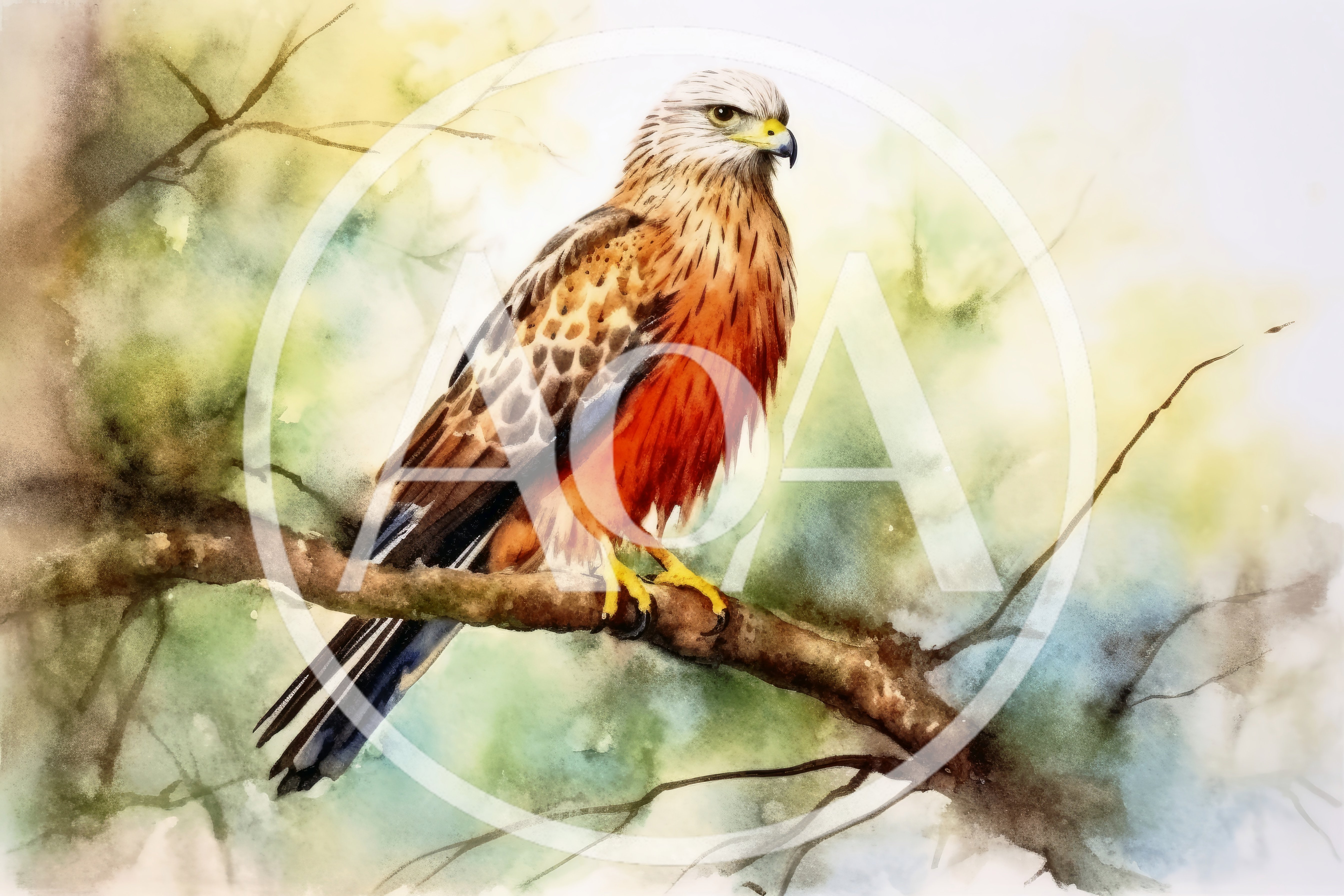 Watercolor Painting Of A Red Kite Perched On Branch