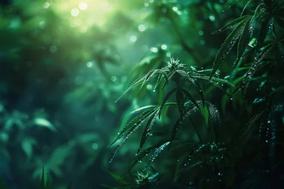 Dew Covered Cannabis Plant In Lush Green Forest