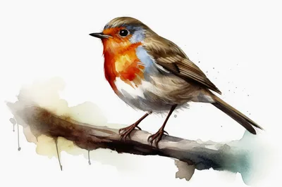 Watercolor Illustration Of A European Robin On A Branch