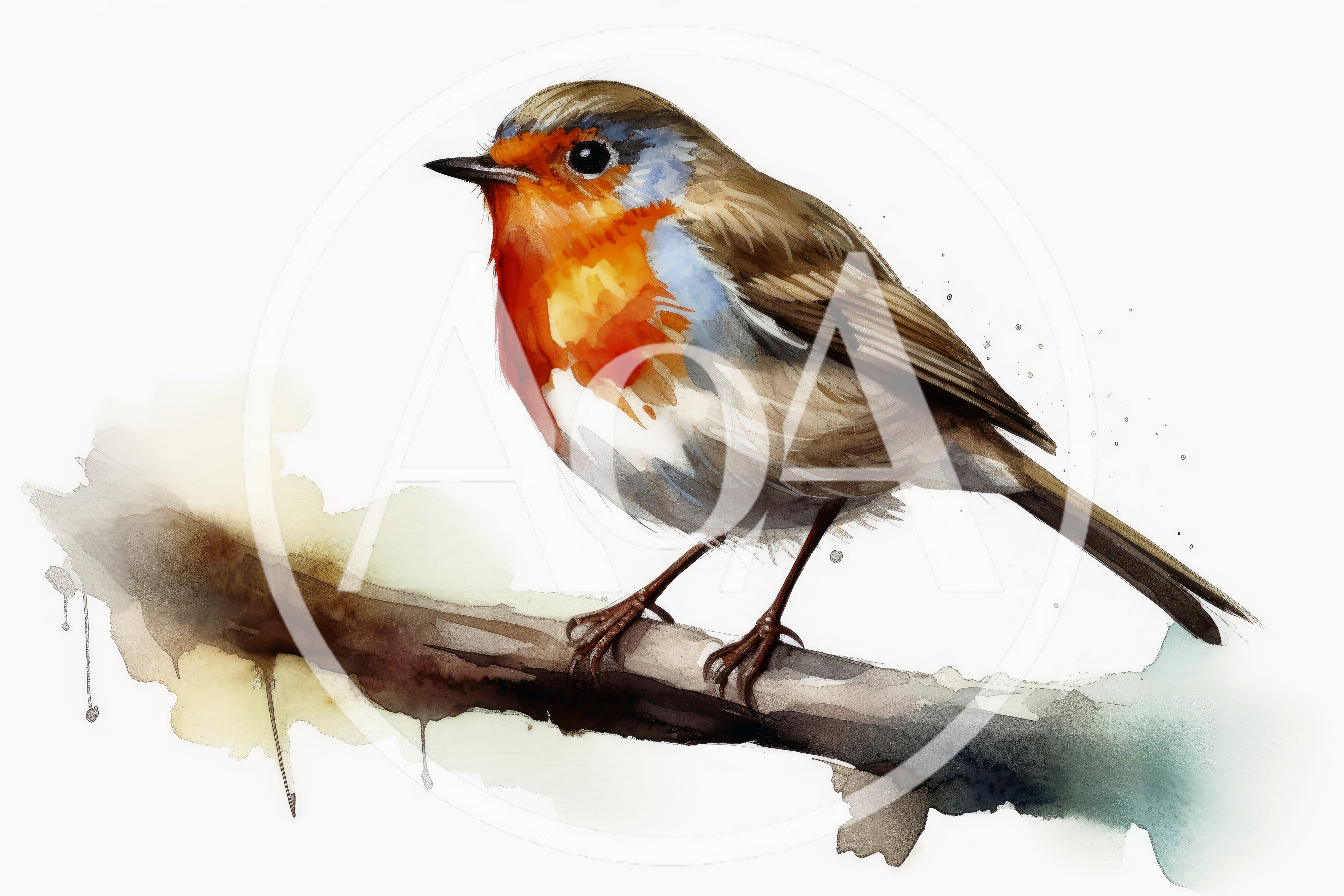 Watercolor Illustration Of A European Robin On A Branch