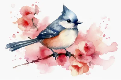 Watercolor Illustration Of A Blue Bird On Cherry Blossoms