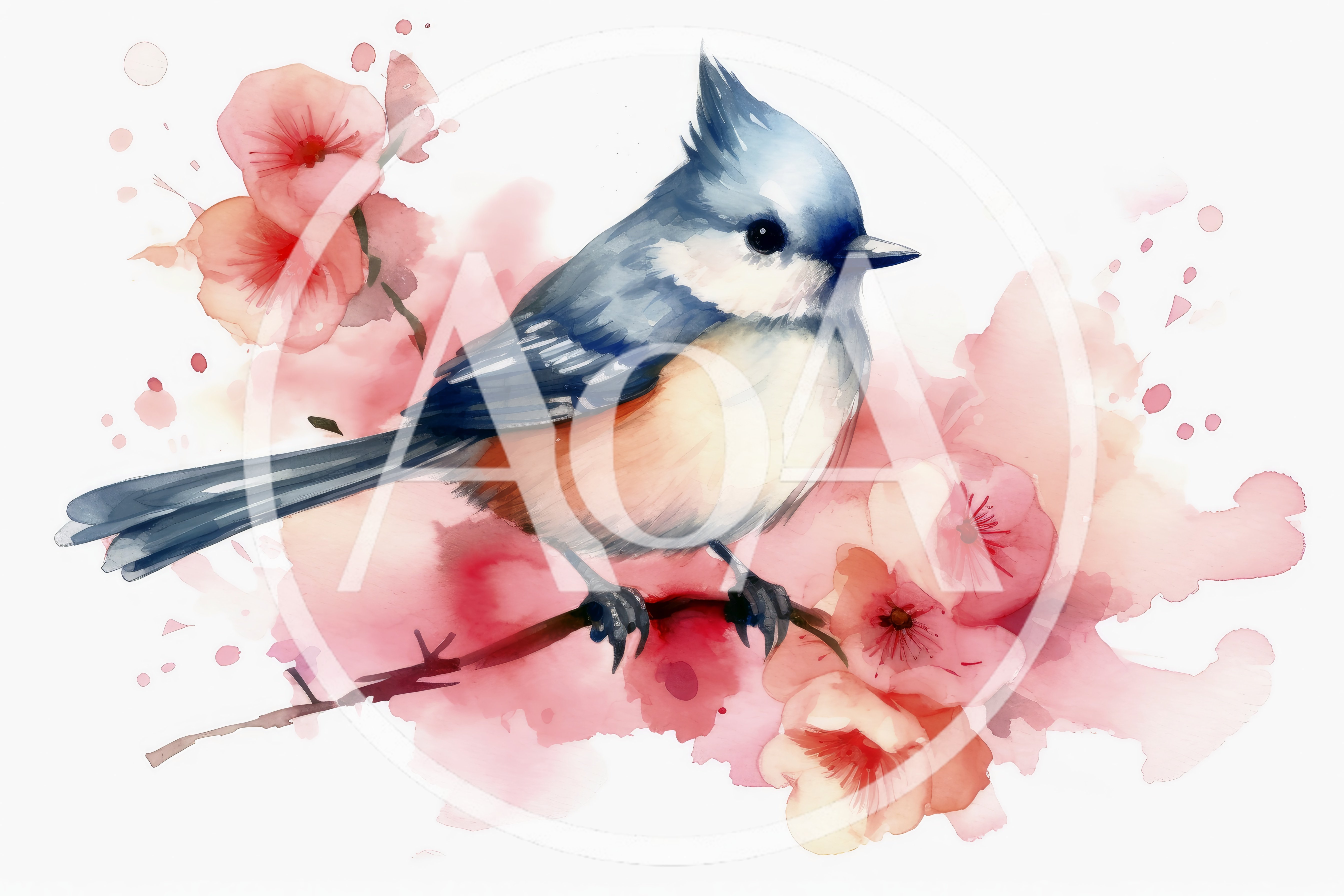 Watercolor Illustration Of A Blue Bird On Cherry Blossoms
