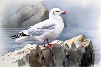 Watercolor Painting Of A Seagull Perched On Coastal Rocks
