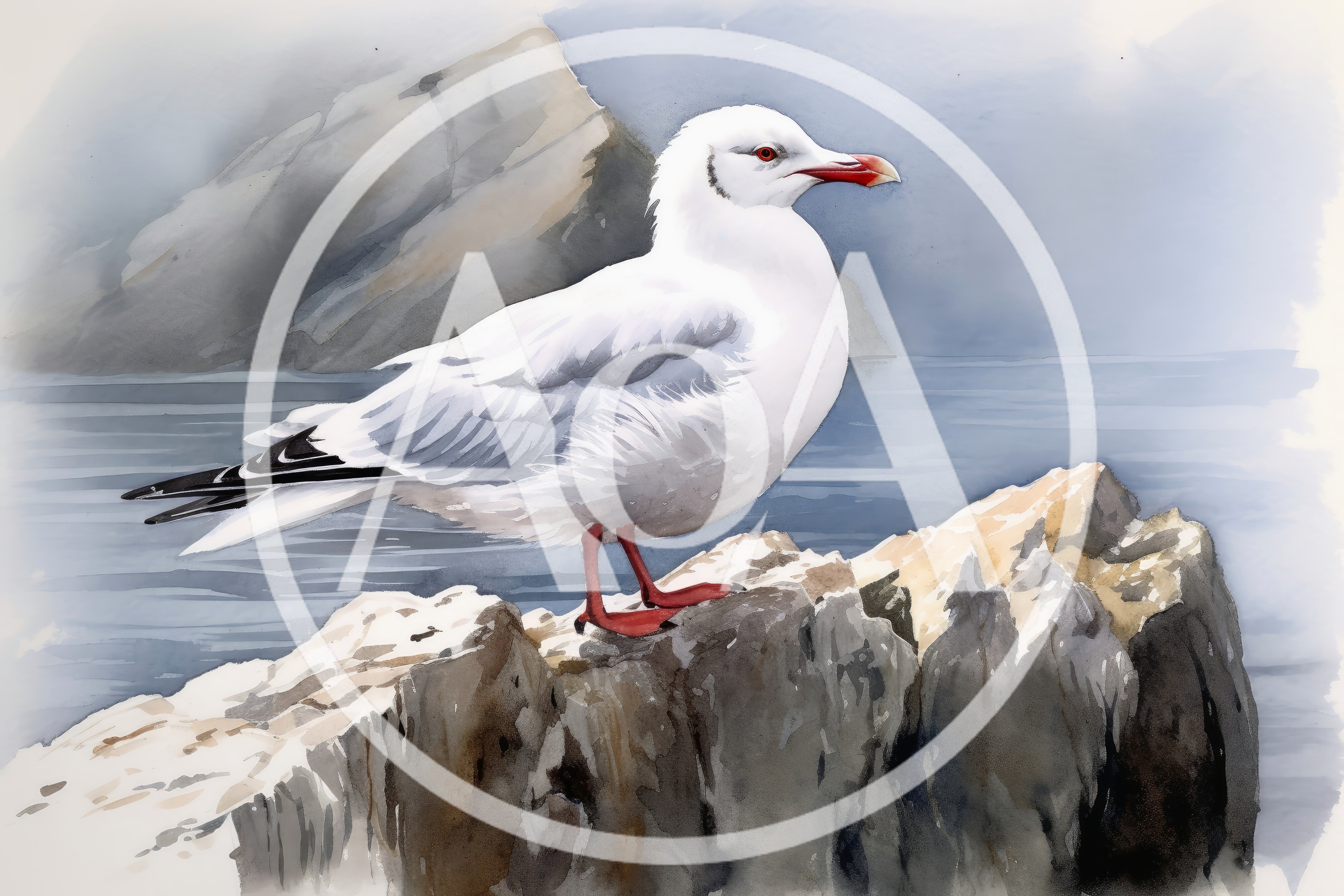 Watercolor Painting Of A Seagull Perched On Coastal Rocks