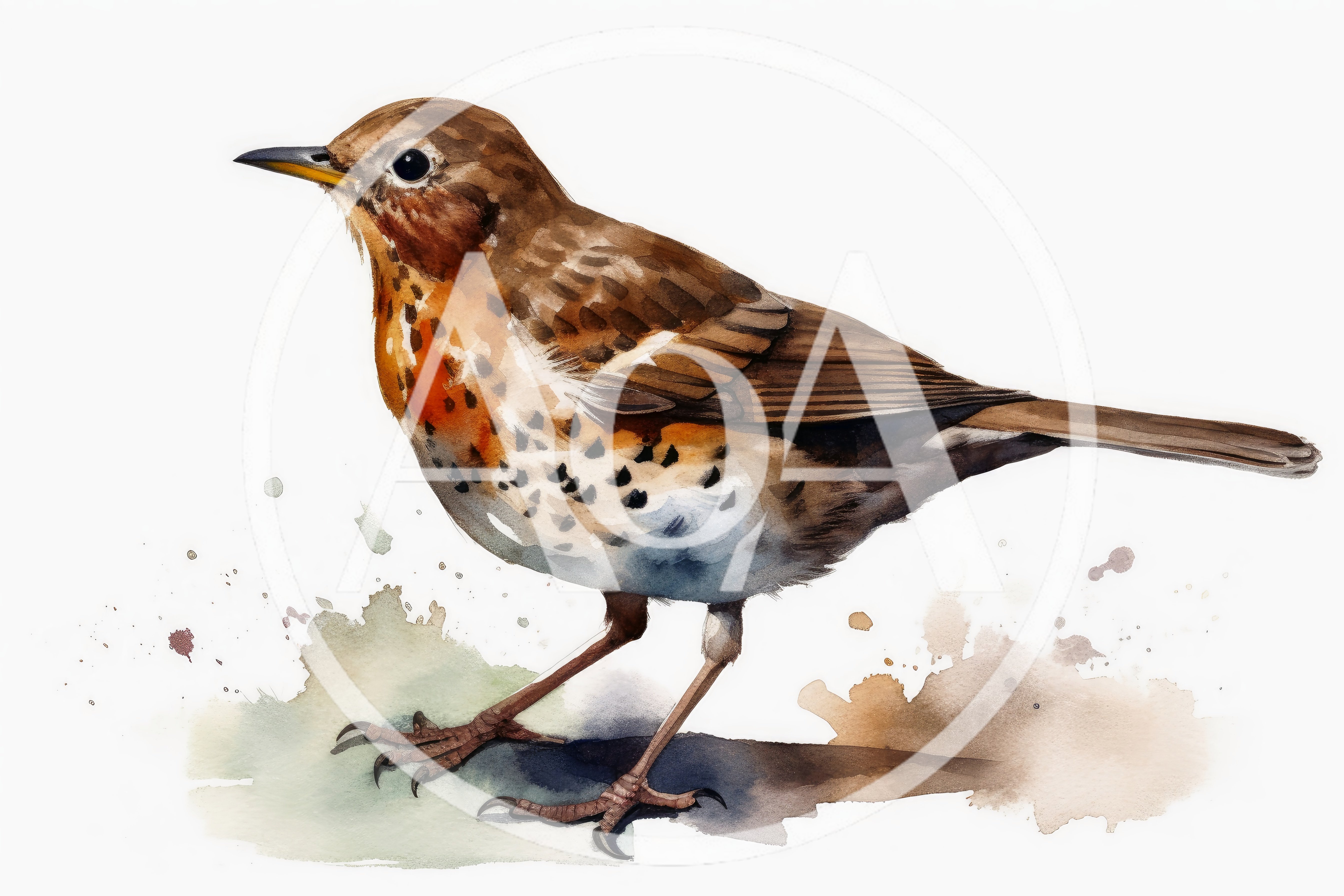 Watercolor Illustration Of A Redwing Thrush Bird