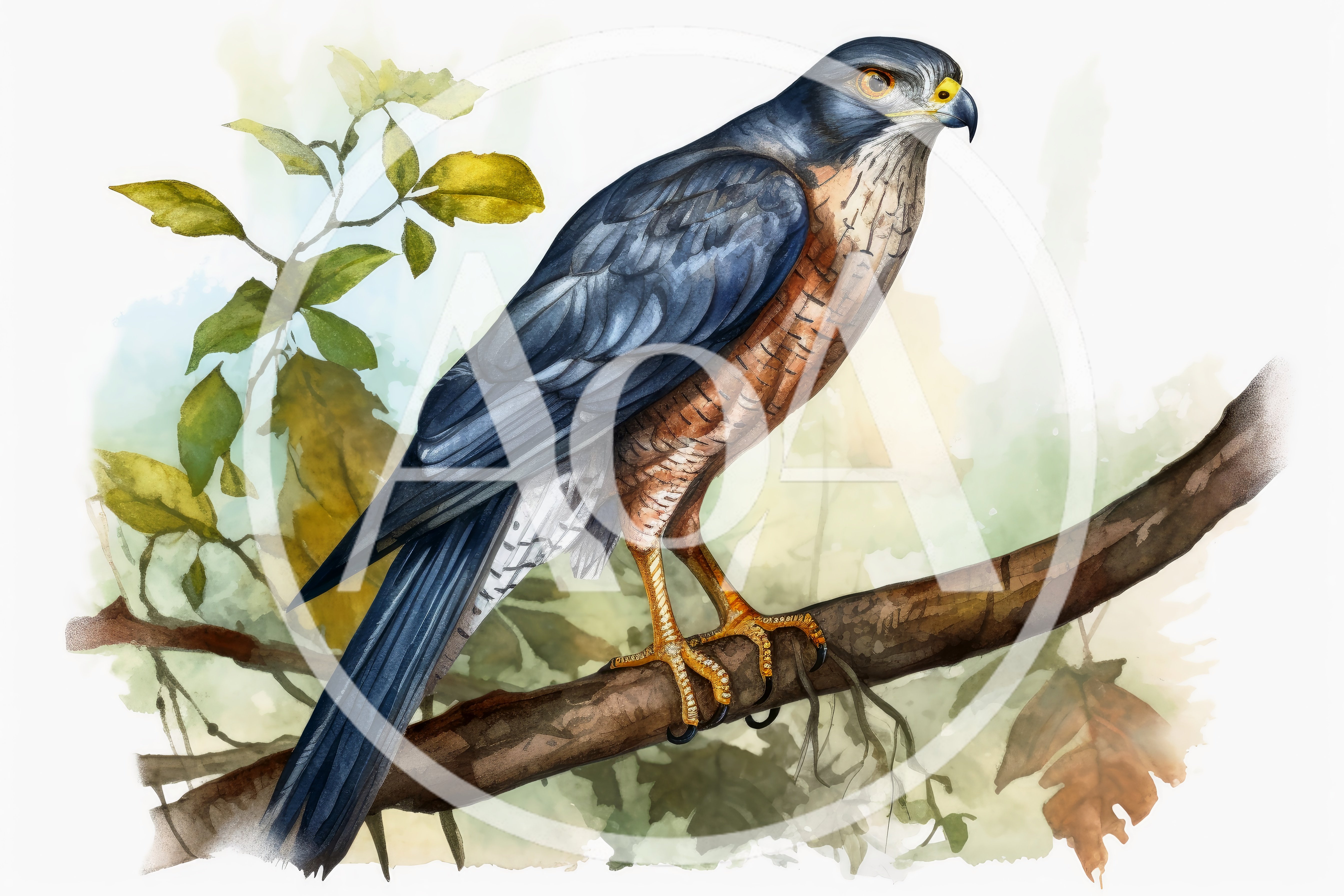 Watercolor Illustration Of A Sharp Shinned Hawk Perched