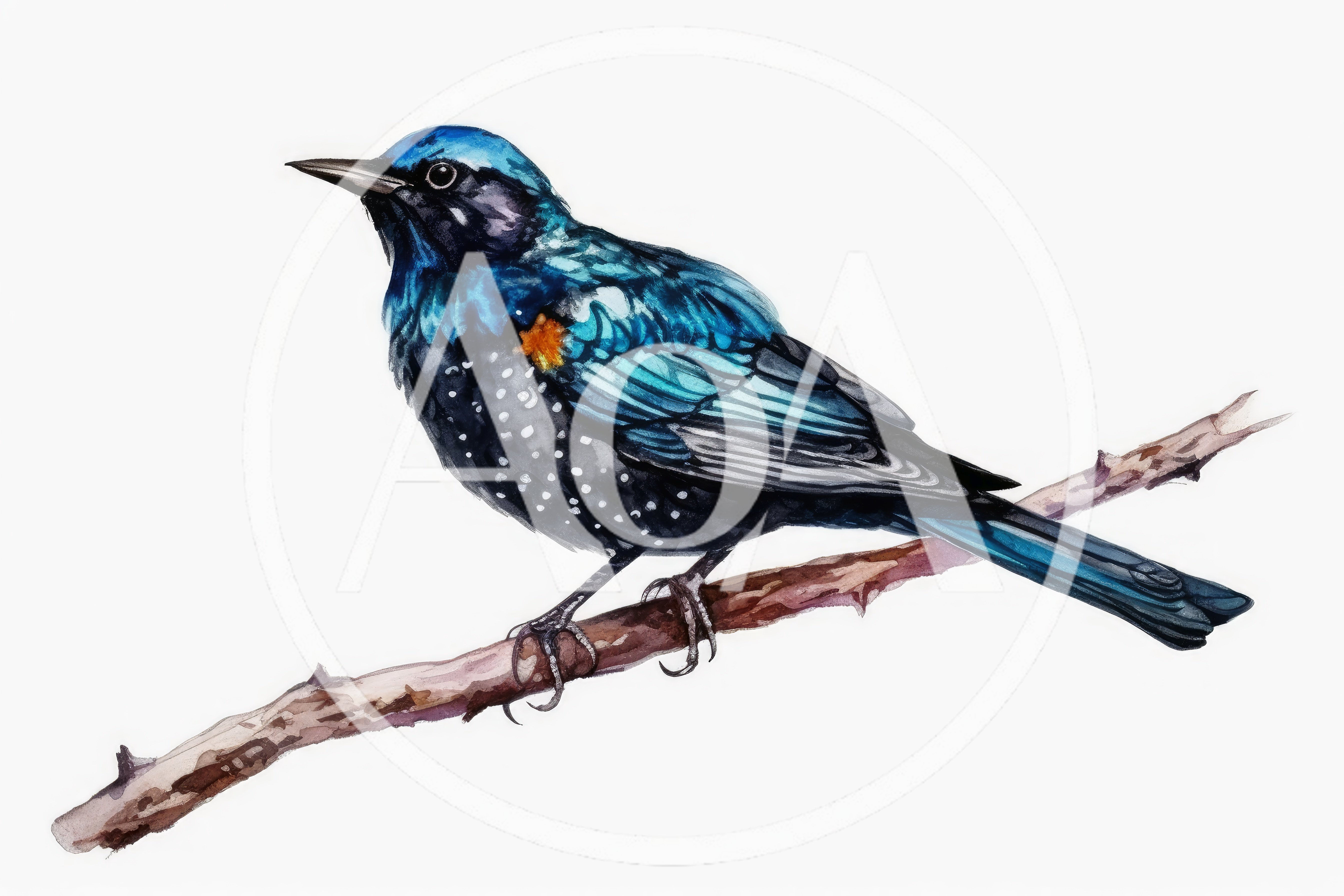 Watercolor Illustration Of A Blue Starling Bird