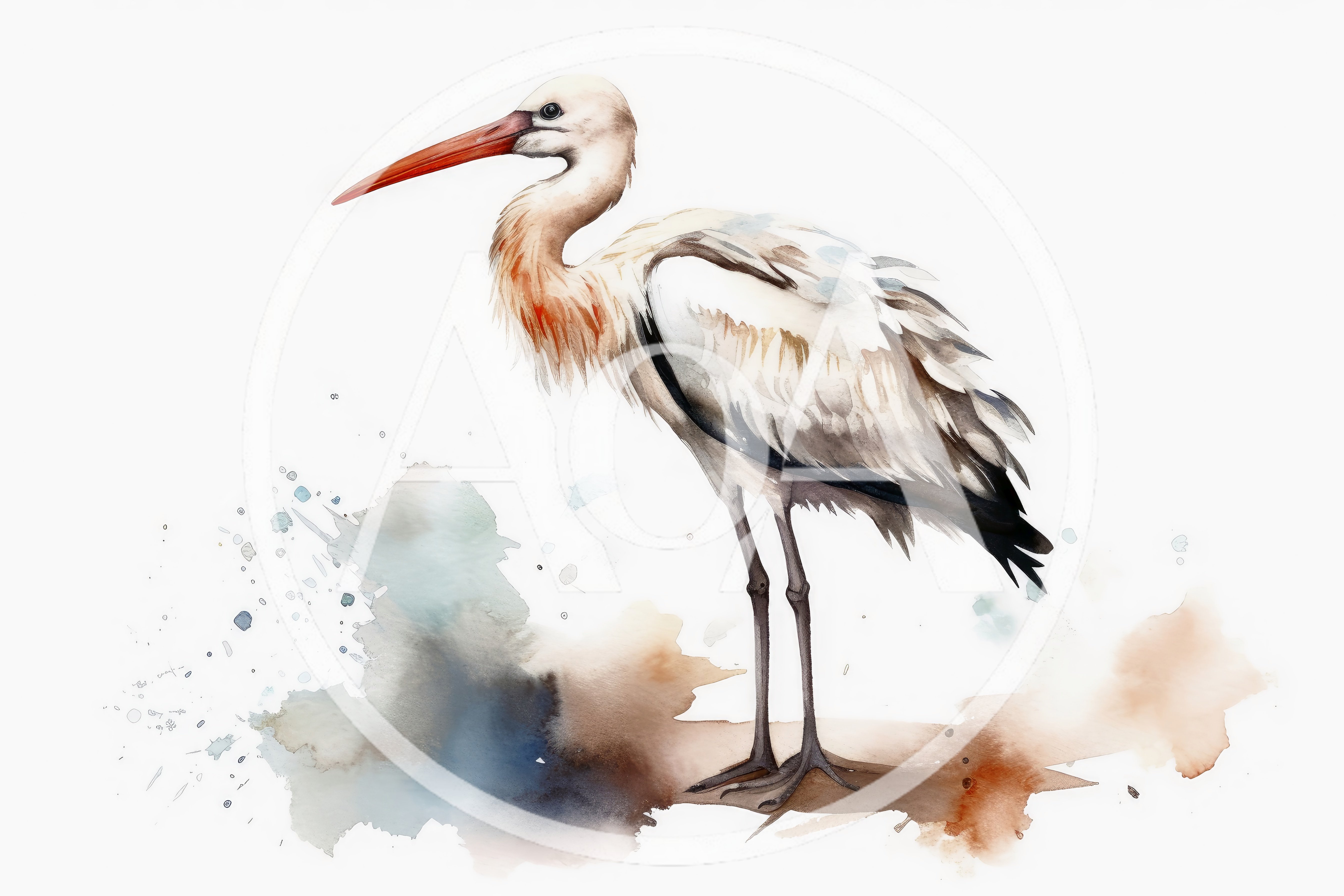 Watercolor Illustration Of A Standing White Stork