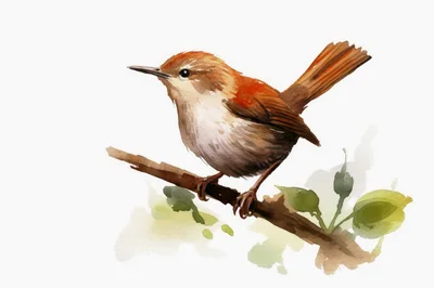 Watercolor Illustration Of A Small Brown Bird On Branch