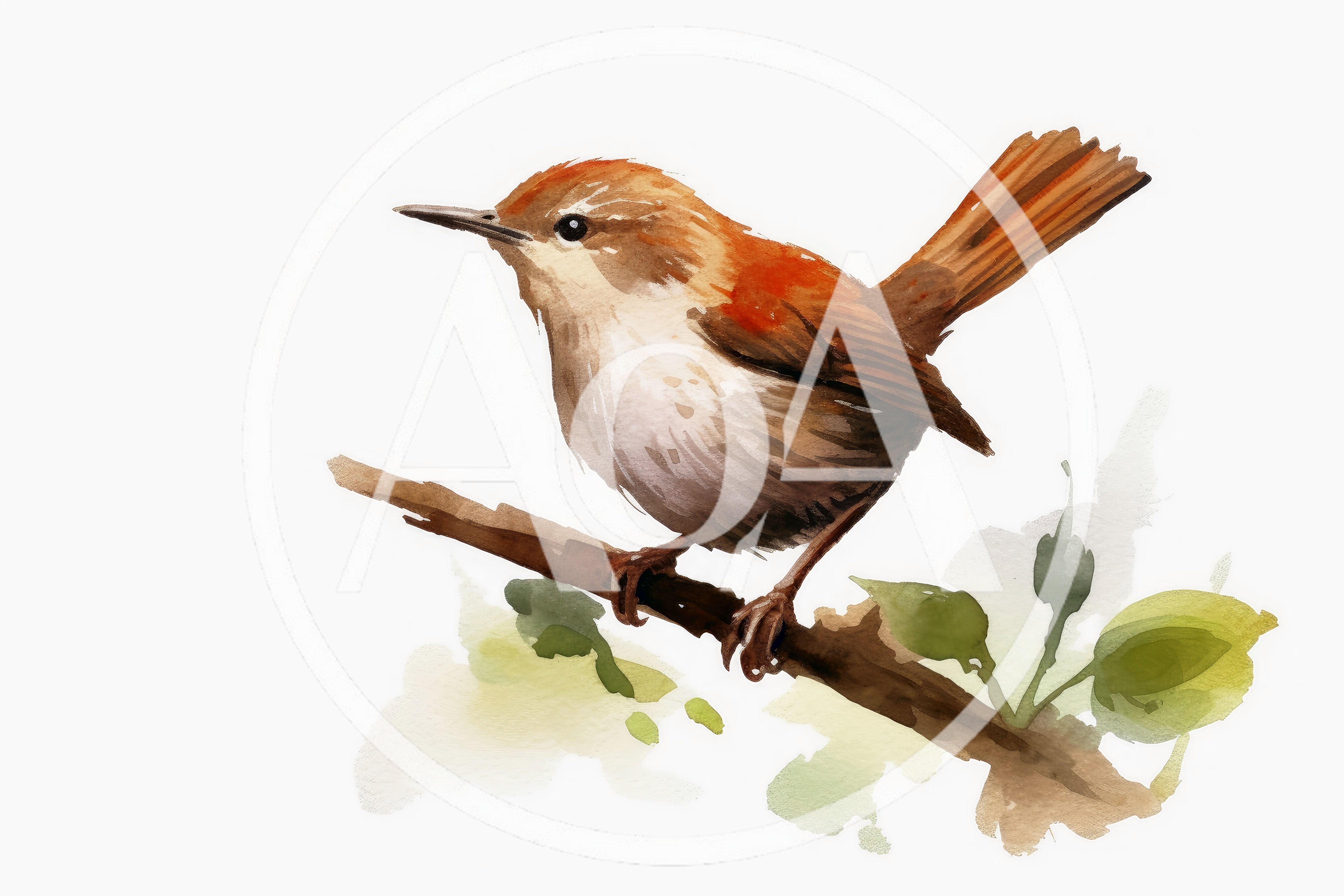 Watercolor Illustration Of A Small Brown Bird On Branch