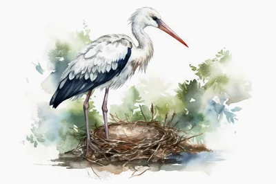 Watercolor Illustration Of A Stork Standing In A Nest