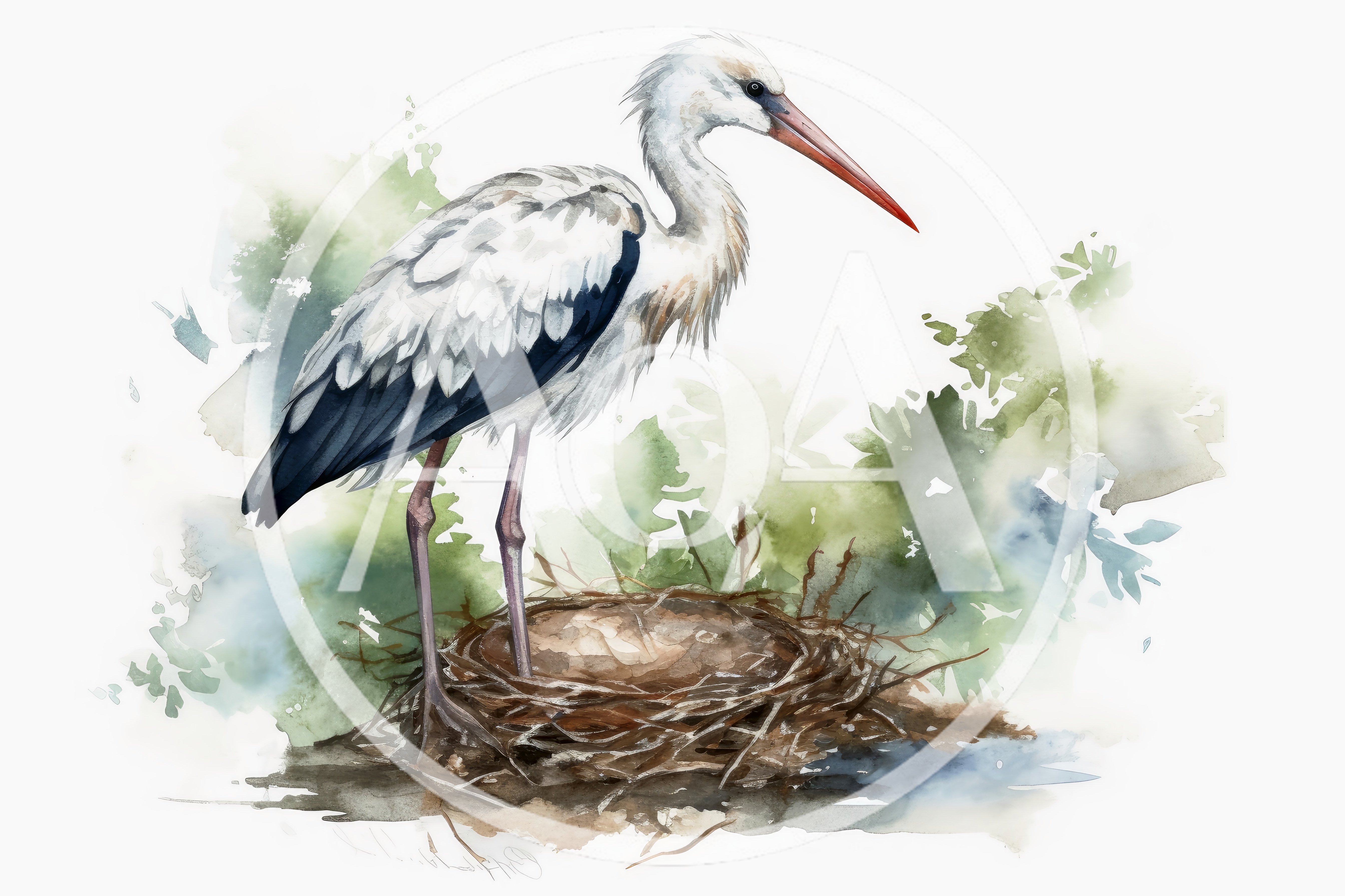 Watercolor Illustration Of A Stork Standing In A Nest