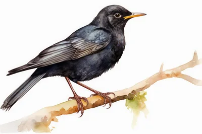 Watercolor Illustration Of A Common Blackbird On A Branch