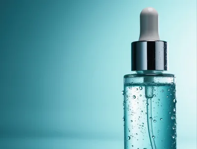Blue Serum Bottle With Dropper And Water Droplets