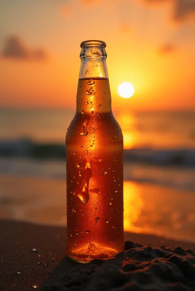 Cold Beer Bottle Standing on Sandy Beach at Sunset