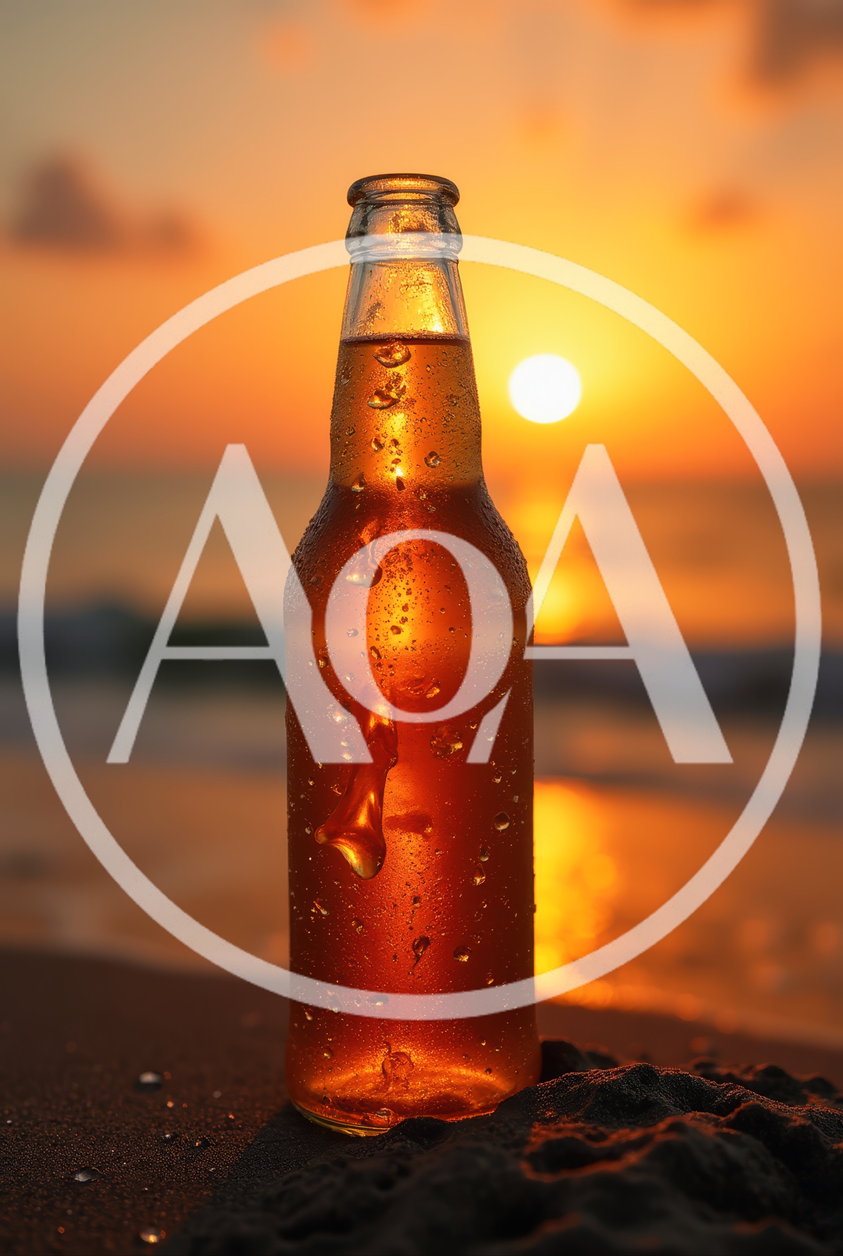 Cold Beer Bottle Standing on Sandy Beach at Sunset