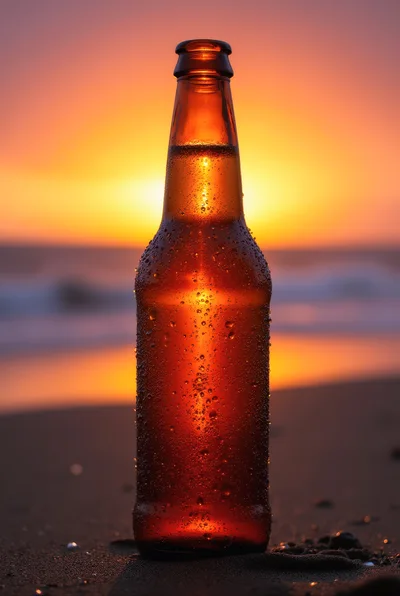 Cold Beer Bottle Standing On Sandy Beach At Sunset