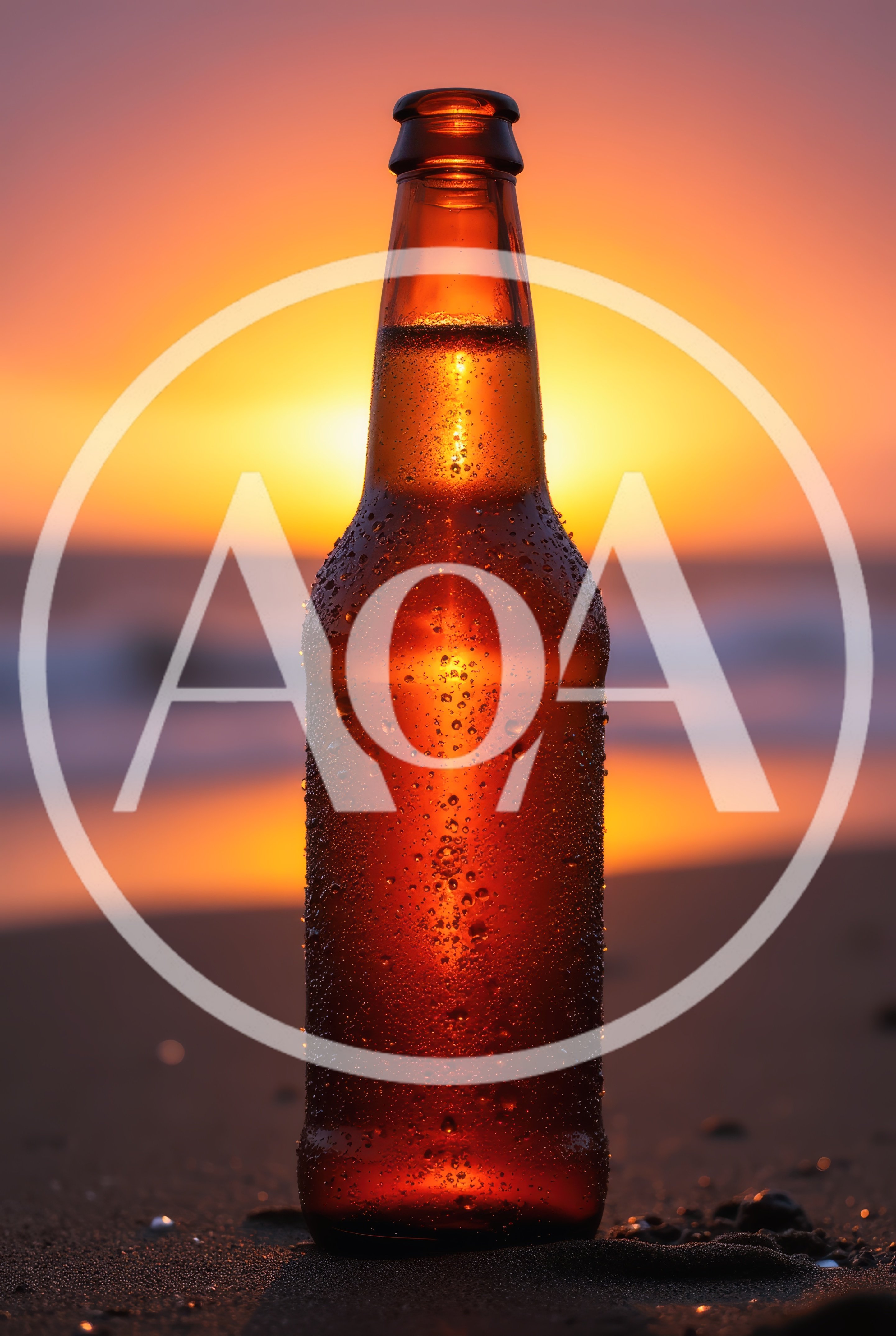 Cold Beer Bottle Standing On Sandy Beach At Sunset