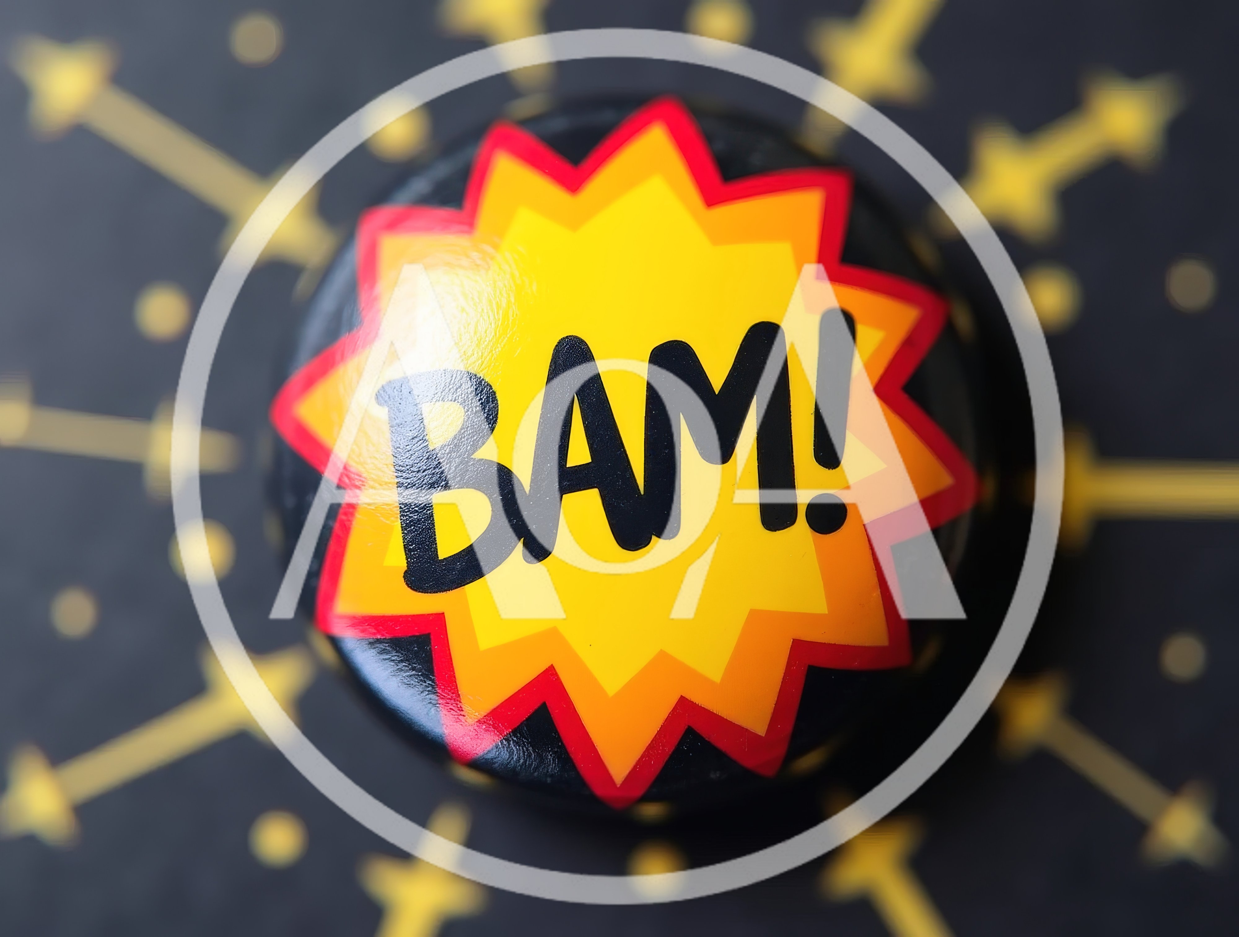 Comic Book Style Bam Button On Patterned Background