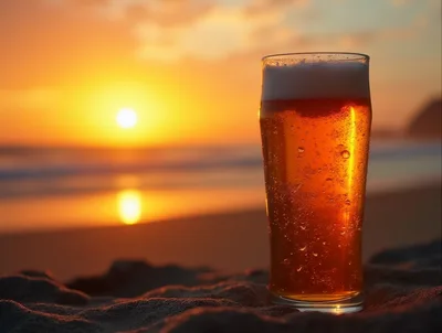 Glass of Beer on Sandy Beach at Sunset