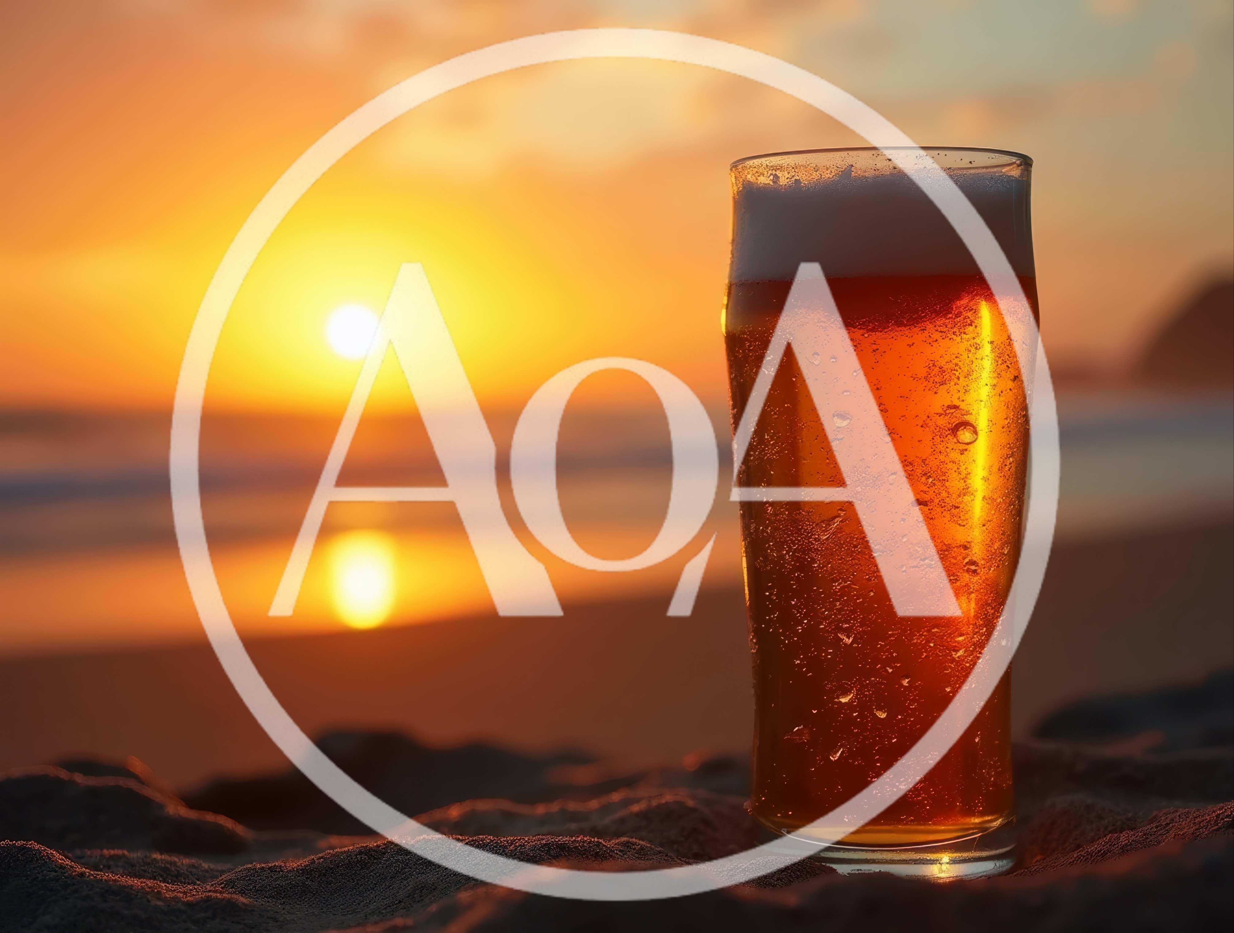 Glass of Beer on Sandy Beach at Sunset