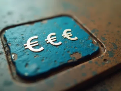 Three Metallic Euro Symbols On A Weathered Blue Surface