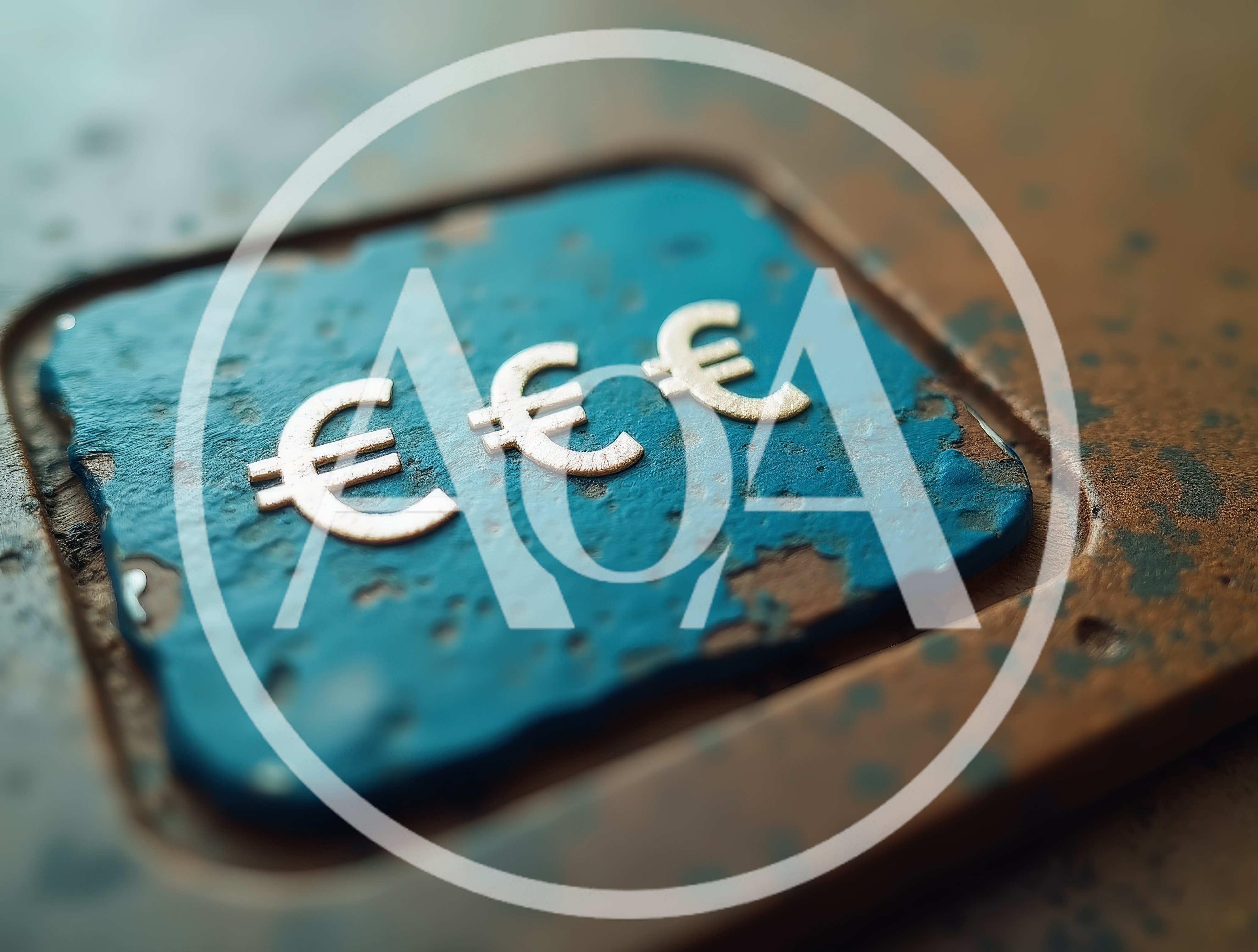 Three Metallic Euro Symbols On A Weathered Blue Surface