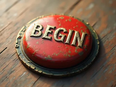 Red Industrial Button With Begin Text On Wooden Surface